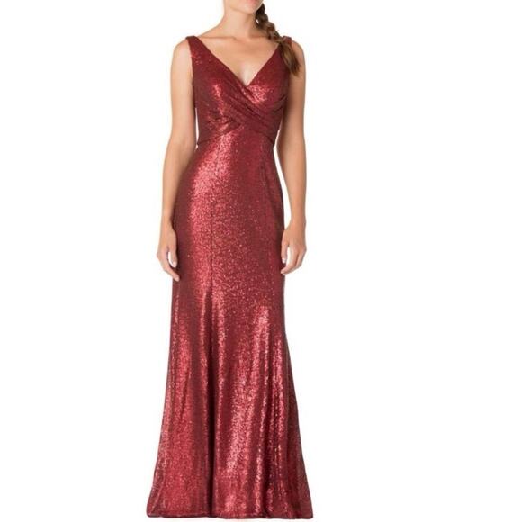 BARI JAY 1729 Full Sequin Mermaid Gown Pleated V-neck Ruby Red - Sz 14 -  NWT - threedaughtersproperties.com